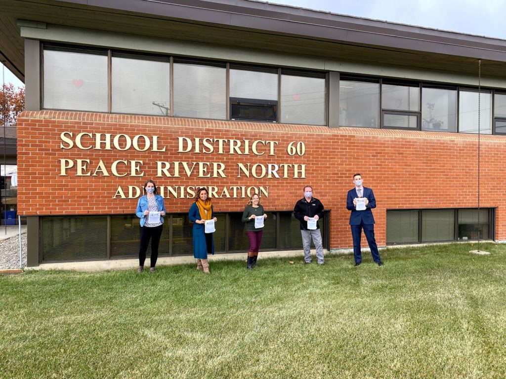 Left to right in the photo, Kailey Odermatt (SJA Promo), Safety Supervisor, Sabrina Bourdon (SD60), Board Chair, Helen Gilbert (SD60), Nelson Stowe (Ideal Office Solutions) and Vince van Wieringen (Ideal Office Solutions).