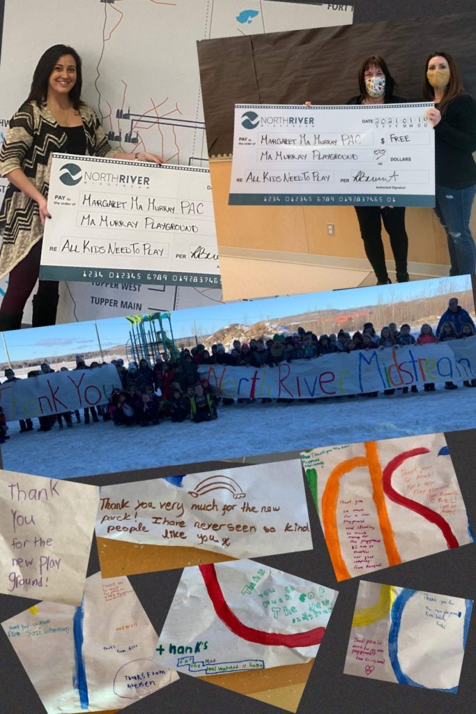 Collage of pictures with NRM presenting cheque to MMMCS Principal and MMMCS PAC along with thank you banner from students.