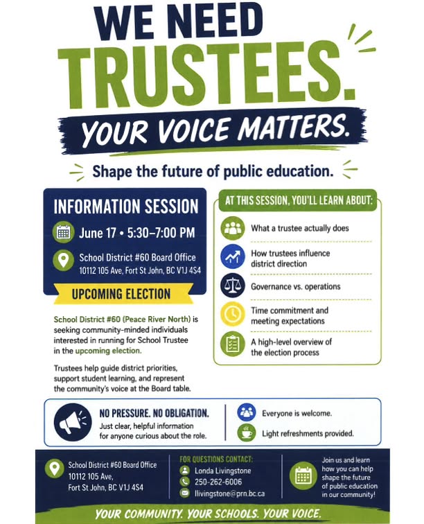 A Trustee Information Session is being held on June 17, 2026 from 5:30pm to 7:00pm at the Board Office. 10112 105 Ave in Fort St John.